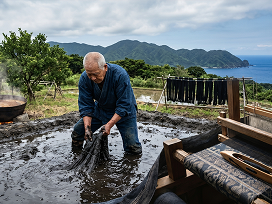 大島紬の泥染め工程